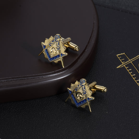 Blue enamel square compass G symbol Freemason cufflinks