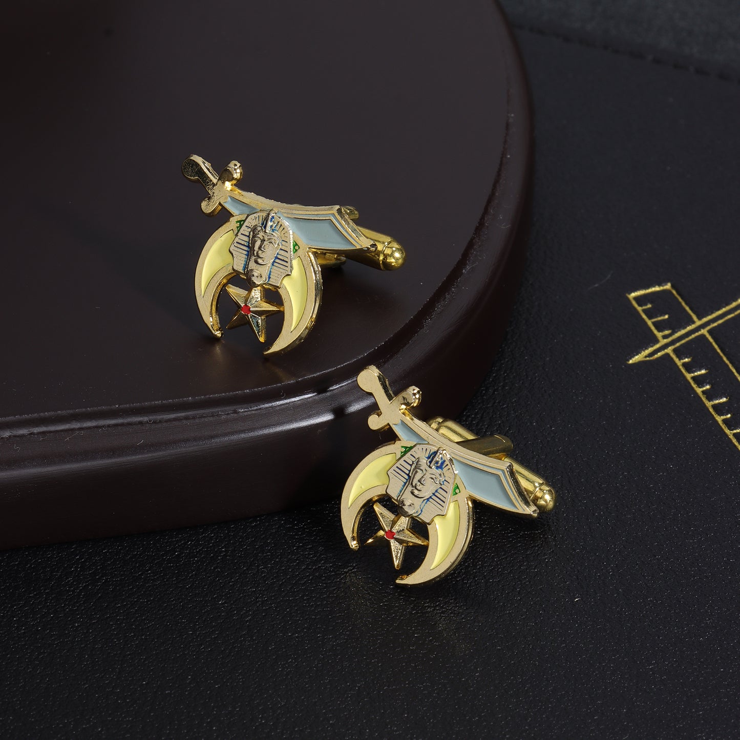 Enamel Scimitar Crescent Pharaoh Symbol Freemason Men Formal Suit Cuff Links