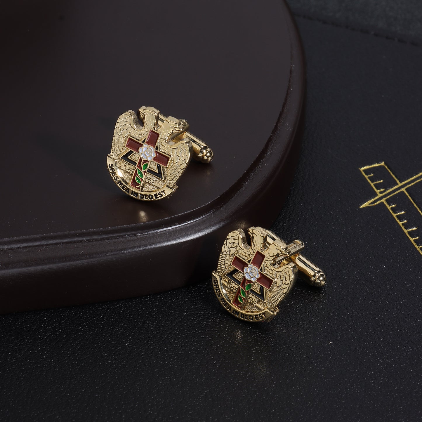 Enamel Double Headed Eagle Rose Cross SPES MEA IN DEO EST Masonic Men Formal Cuff Links