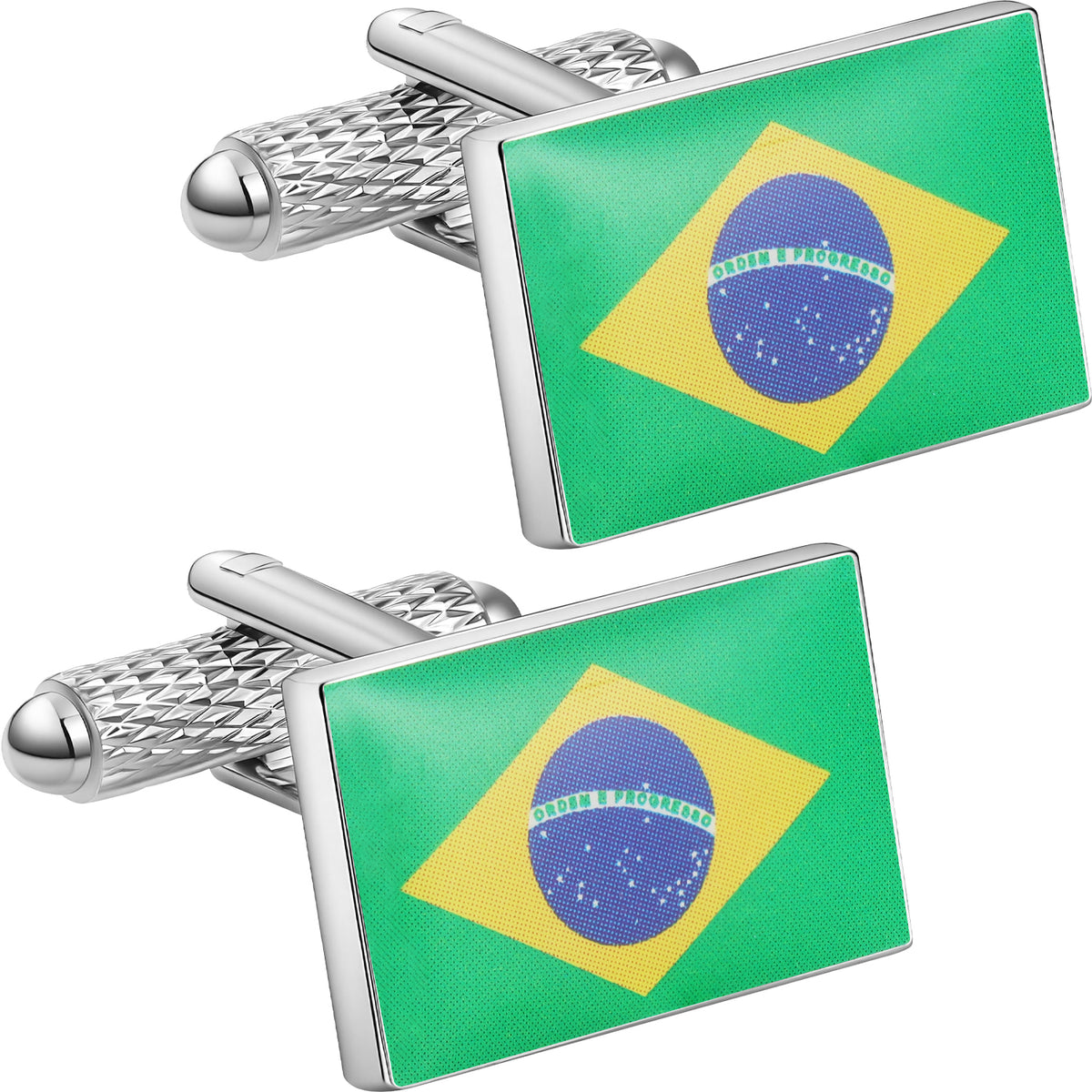 Brazil Flag Cufflinks, Silver Plated Rectangle Brazilian Flag Cuff Links for Men