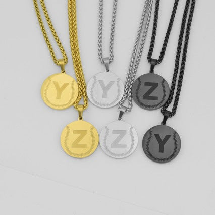 Stainless Steel A-Z Baseball-Shaped Necklace, Gold-Plated Personalized Round Pendant