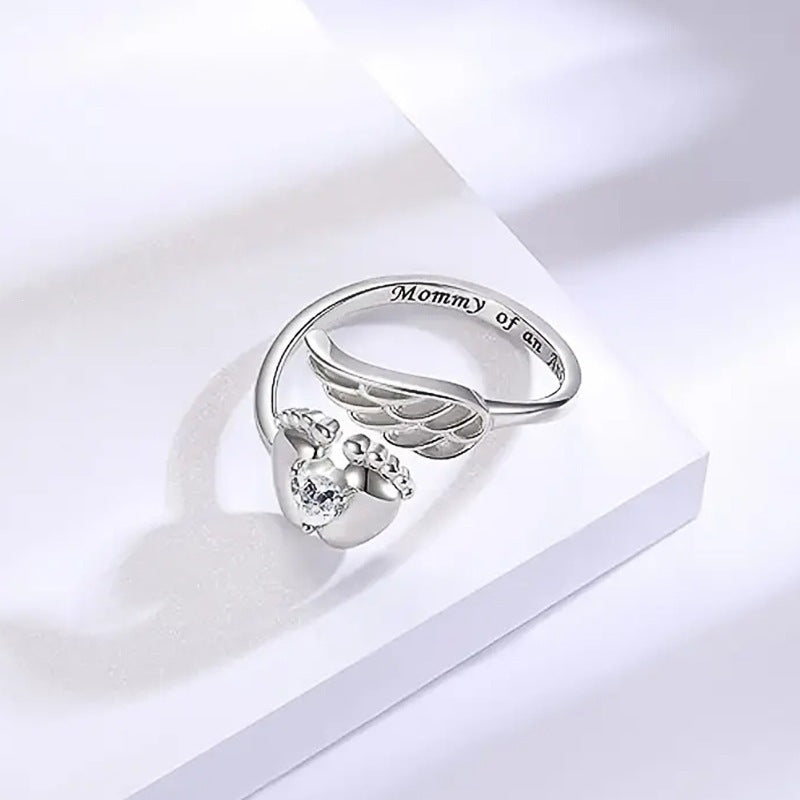 Mommy of an Angel Ring | Baby Footprint Angel Wing Memorial Ring for Mom