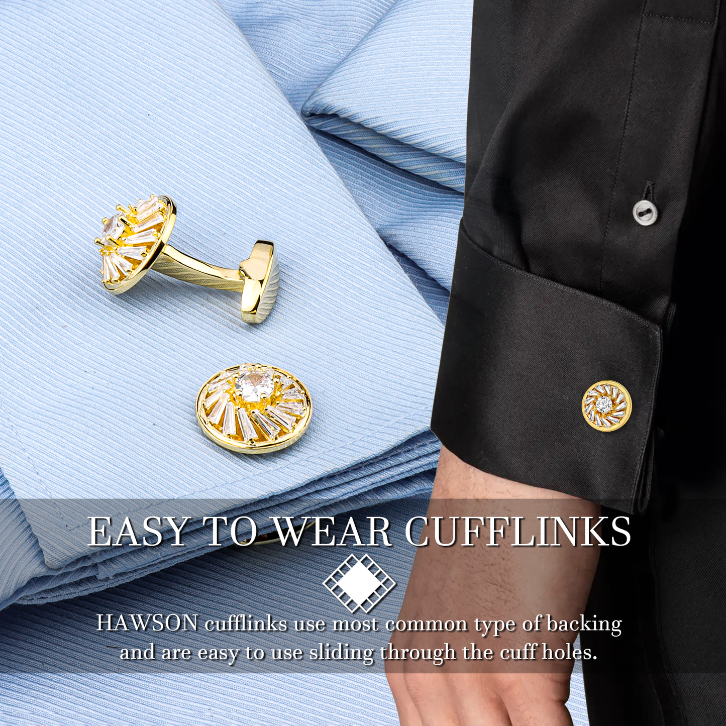 HAWSON 18K Gold Tone Cubic Zirconia Cufflinks for Men.