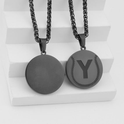 Stainless Steel A-Z Baseball-Shaped Necklace, Gold-Plated Personalized Round Pendant