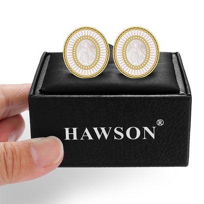 HAWSON Mother of Pearl cuff links mens,Jesus gift for Church Member on Church Christmas Easter（cufflinks box）