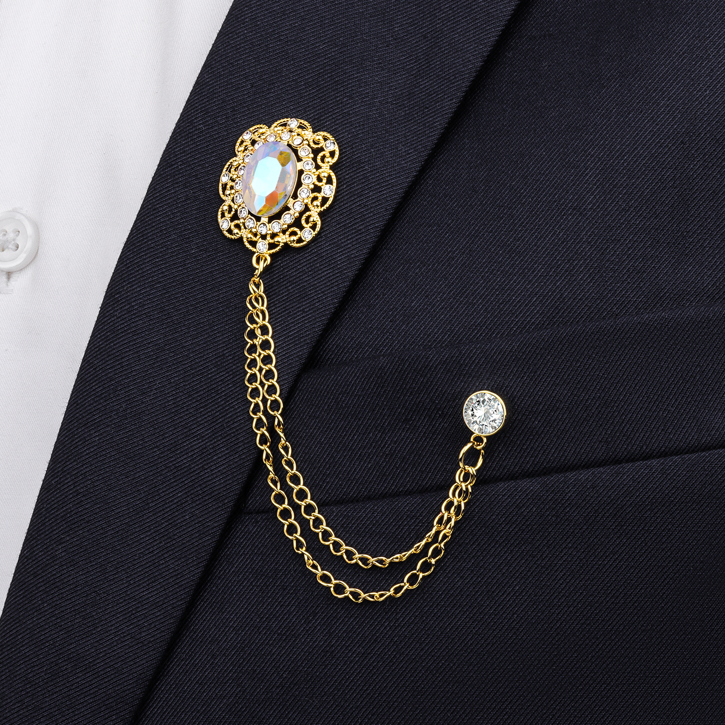 Crystal Lapel Pin for Men with chain