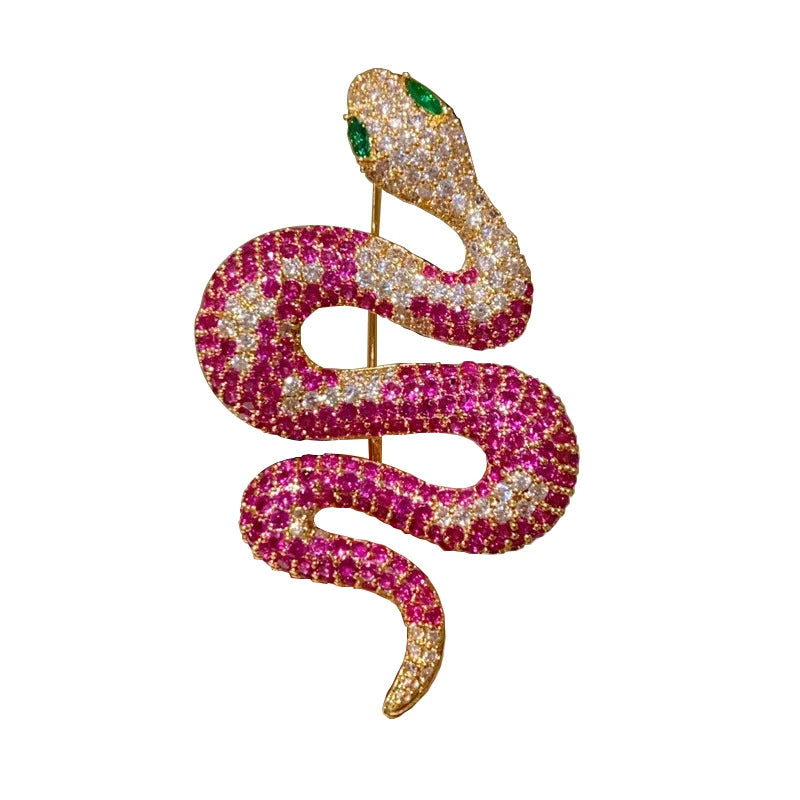 Pink Zircon Snake Brooch | Gold Plated Animal Lapel Pin Jewelry Gift