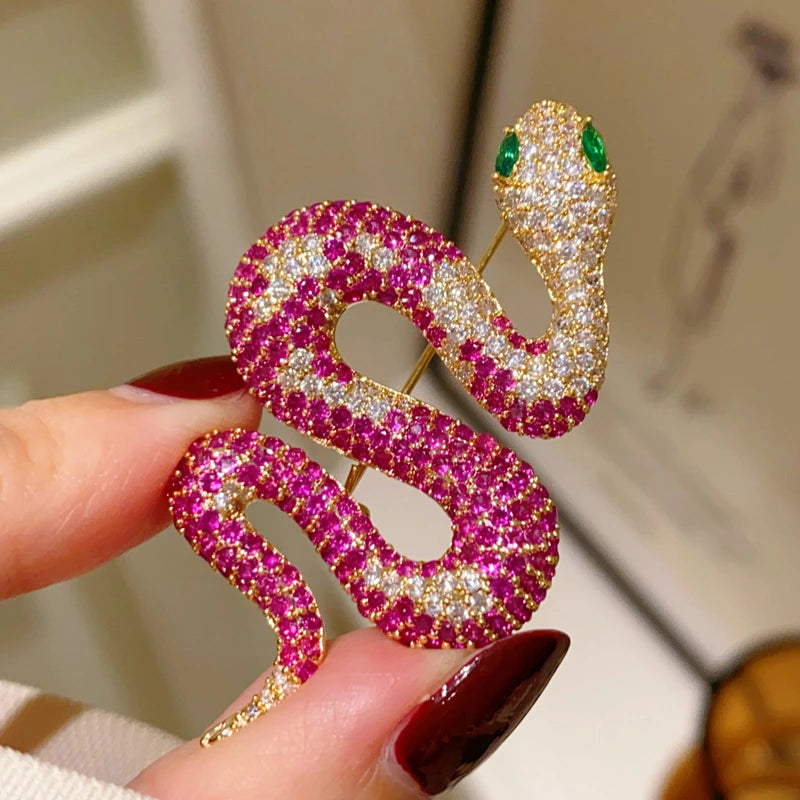 Pink Zircon Snake Brooch | Gold Plated Animal Lapel Pin Jewelry Gift