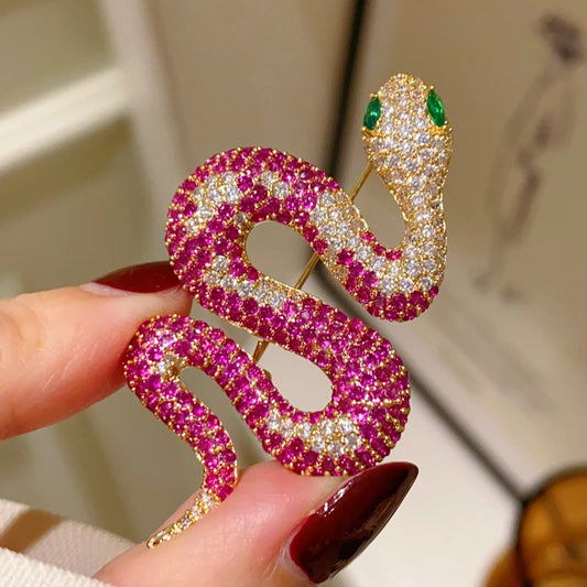 Pink Zircon Snake Brooch | Gold Plated Animal Lapel Pin Jewelry Gift