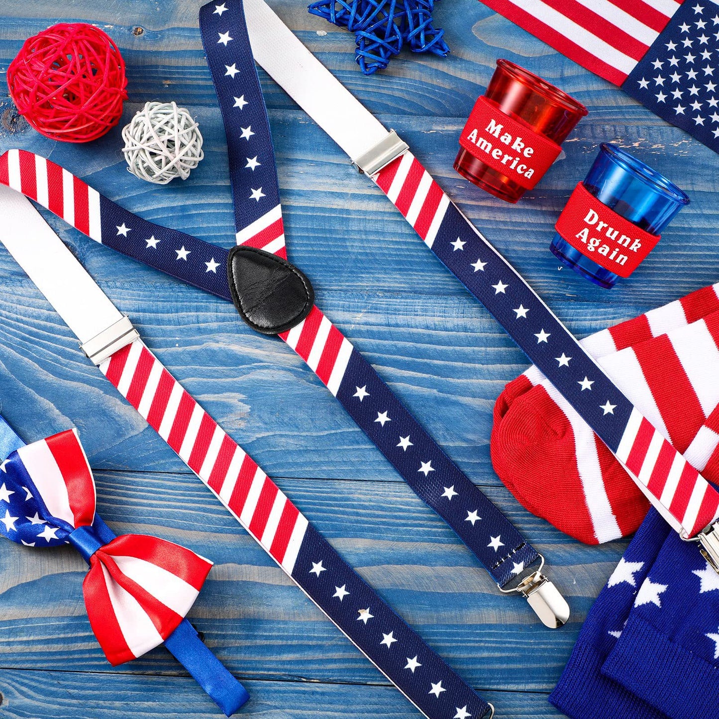 American Flag Patriotic Costume Set | Thigh High Socks + Suspender Bow Tie