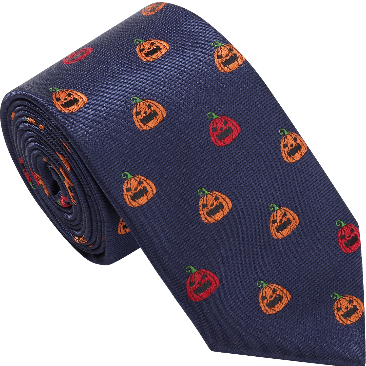 Navy Blue Halloween Pumpkin Necktie | Men's Polyester Holiday Party Accessory Gift