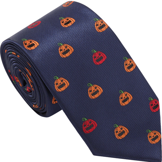 Navy Blue Halloween Pumpkin Necktie | Men's Polyester Holiday Party Accessory Gift