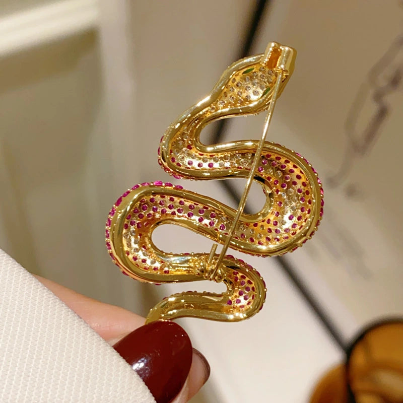 Pink Zircon Snake Brooch | Gold Plated Animal Lapel Pin Jewelry Gift