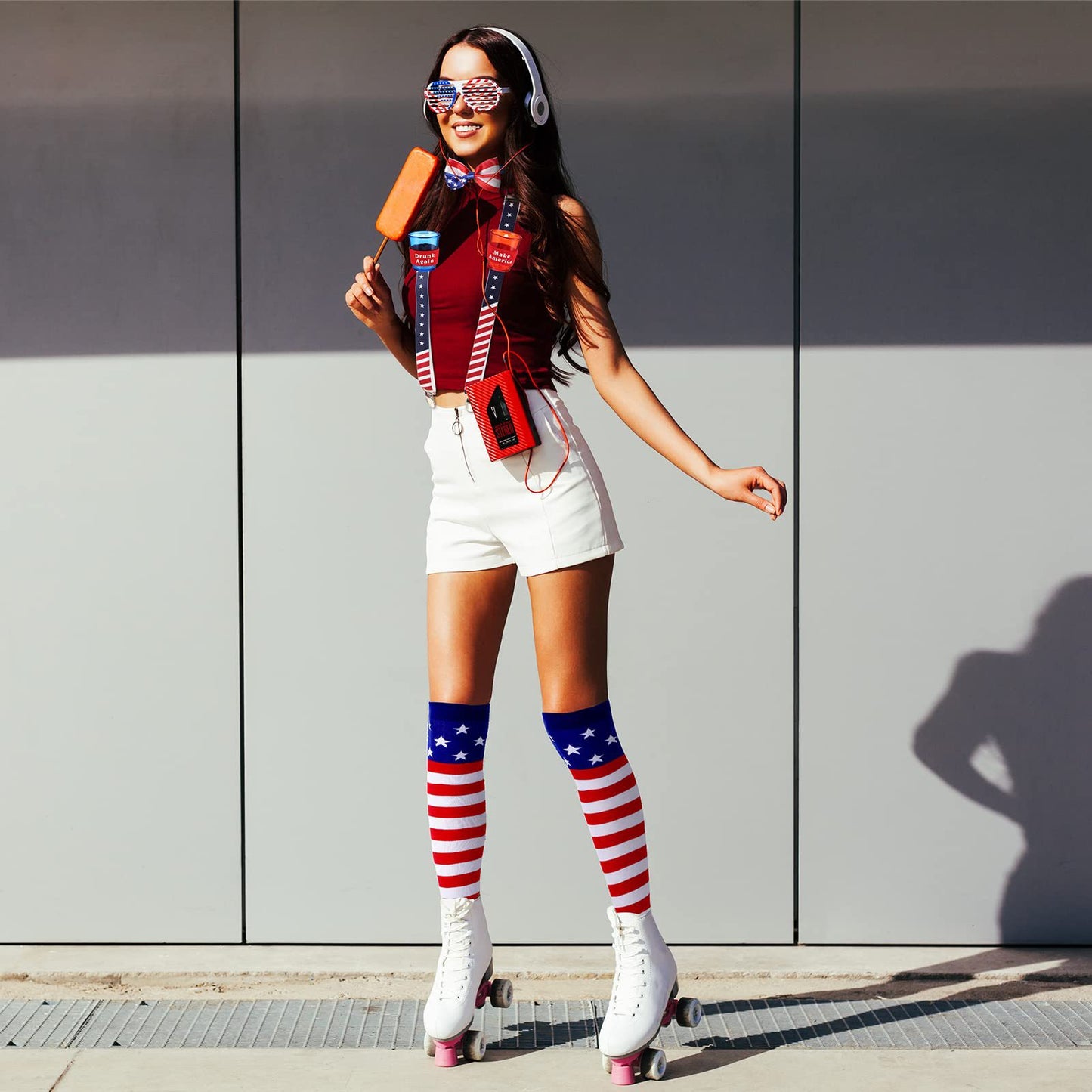 American Flag Patriotic Costume Set | Thigh High Socks + Suspender Bow Tie