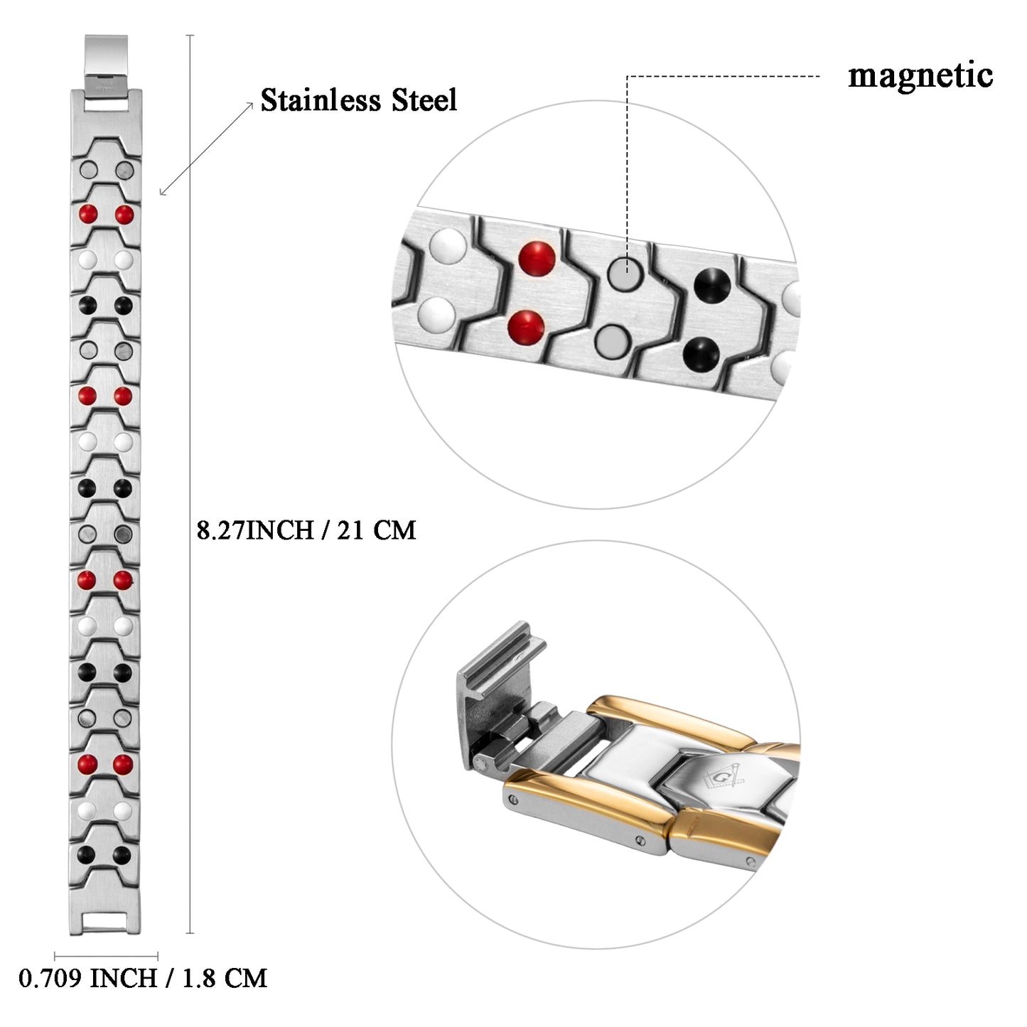 Two‑Tone Gold Silver Masonic Magnetic Bracelet for Men, Stainless Steel Freemason Symbol Therapy Link Bracelet