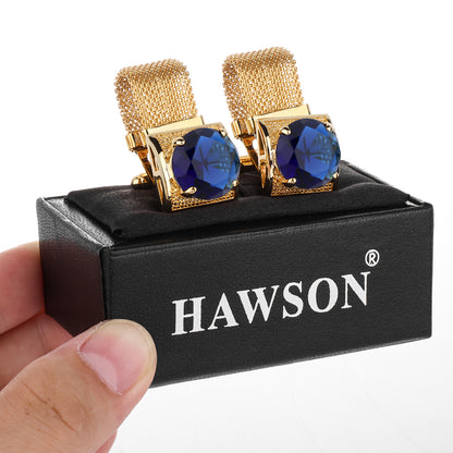 HAWSON Shiny Gold Tone Crystal Cufflinks with Chain