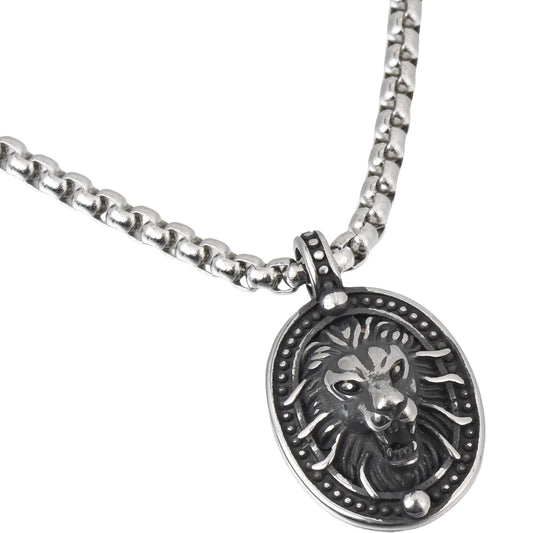 Lion Medallion Pendant Necklace | Vintage Silver Tone