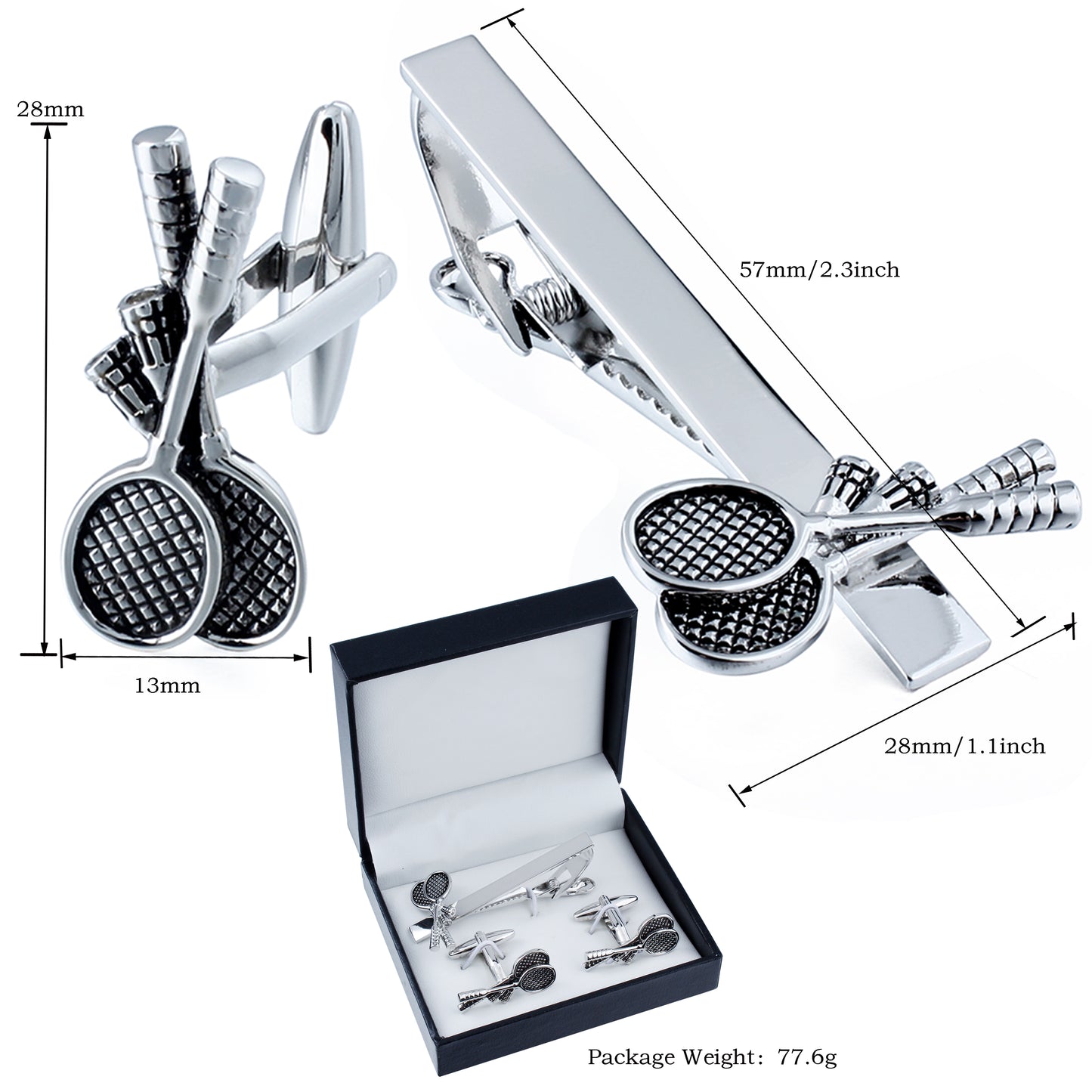 Silver Tennis Racket Pattern Men's Cufflinks And Tie Clip Set Formal Suit Accessories