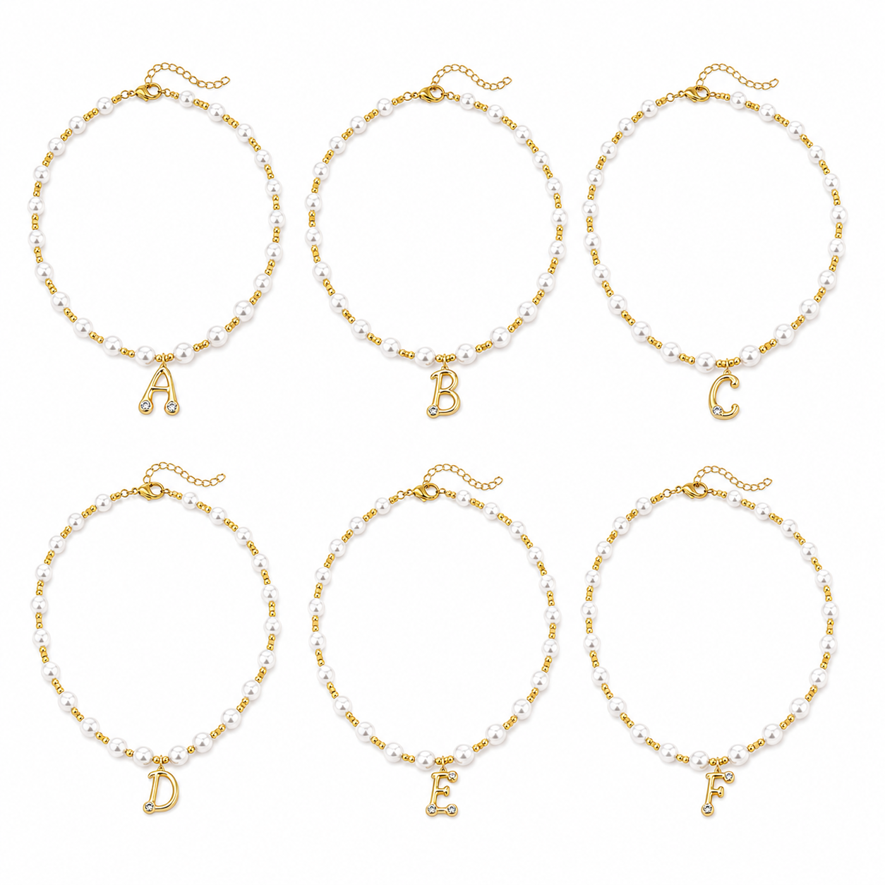 6Pcs Gold Plated A-Z Pearl Beaded Initial Necklace, Minimalist Letter Pendant