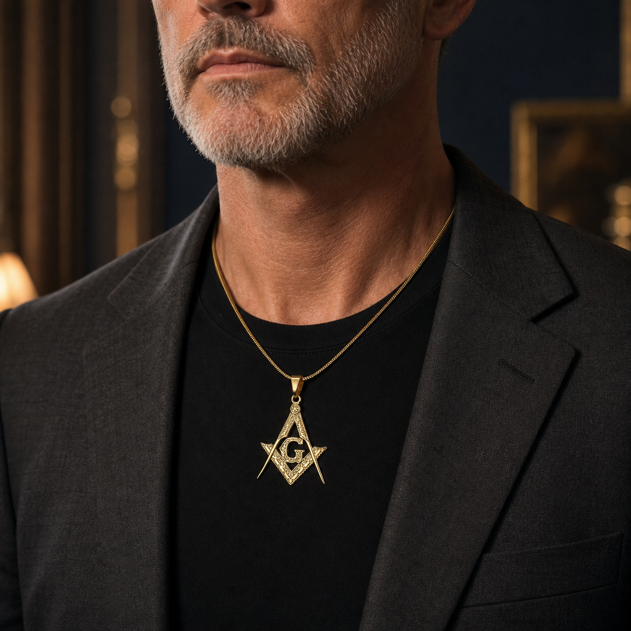 Gold Masonic Square Compass Necklace|Stainless Steel Freemason Pendant