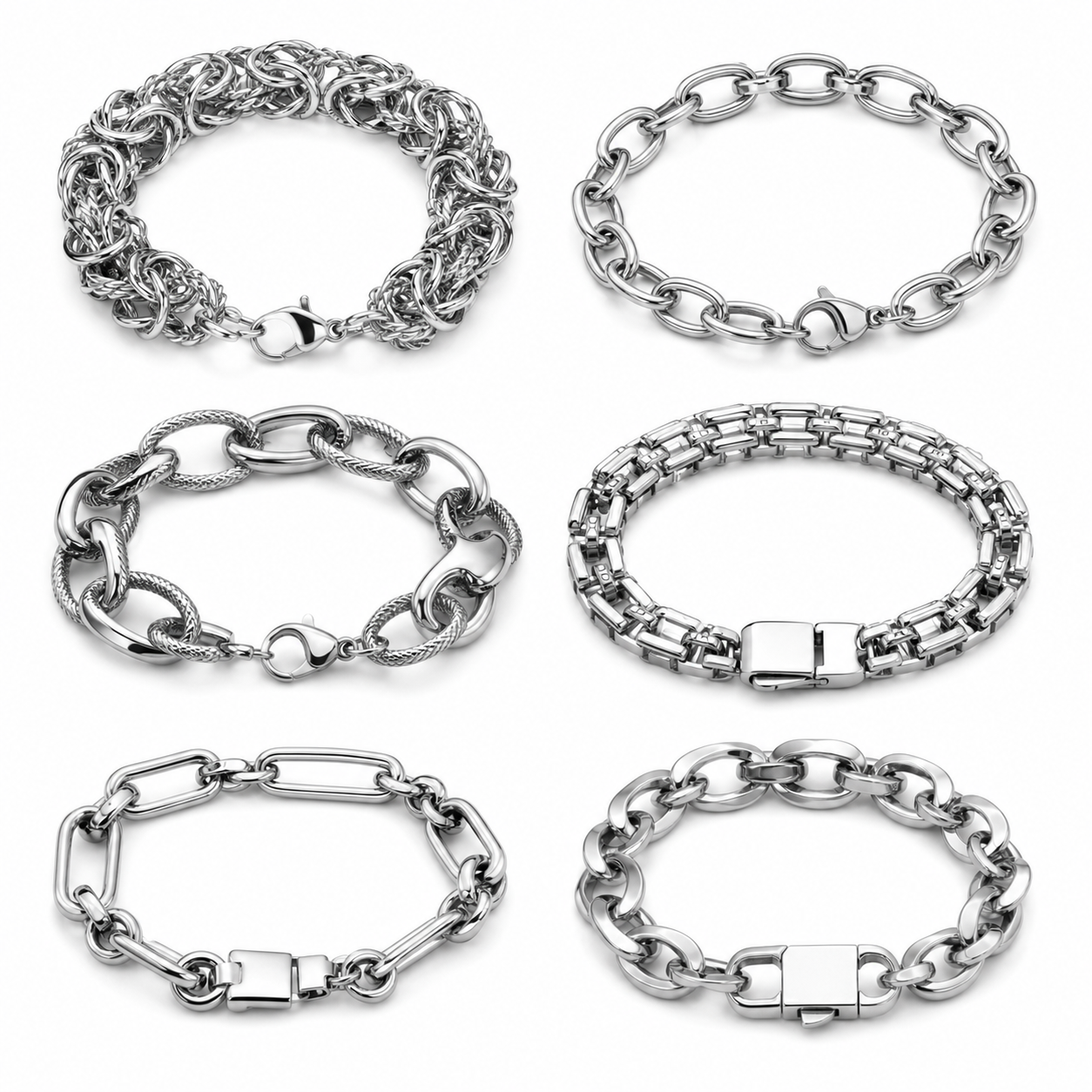 6-Piece Stainless Steel Chain Bracelet Set | Mixed Link Styles