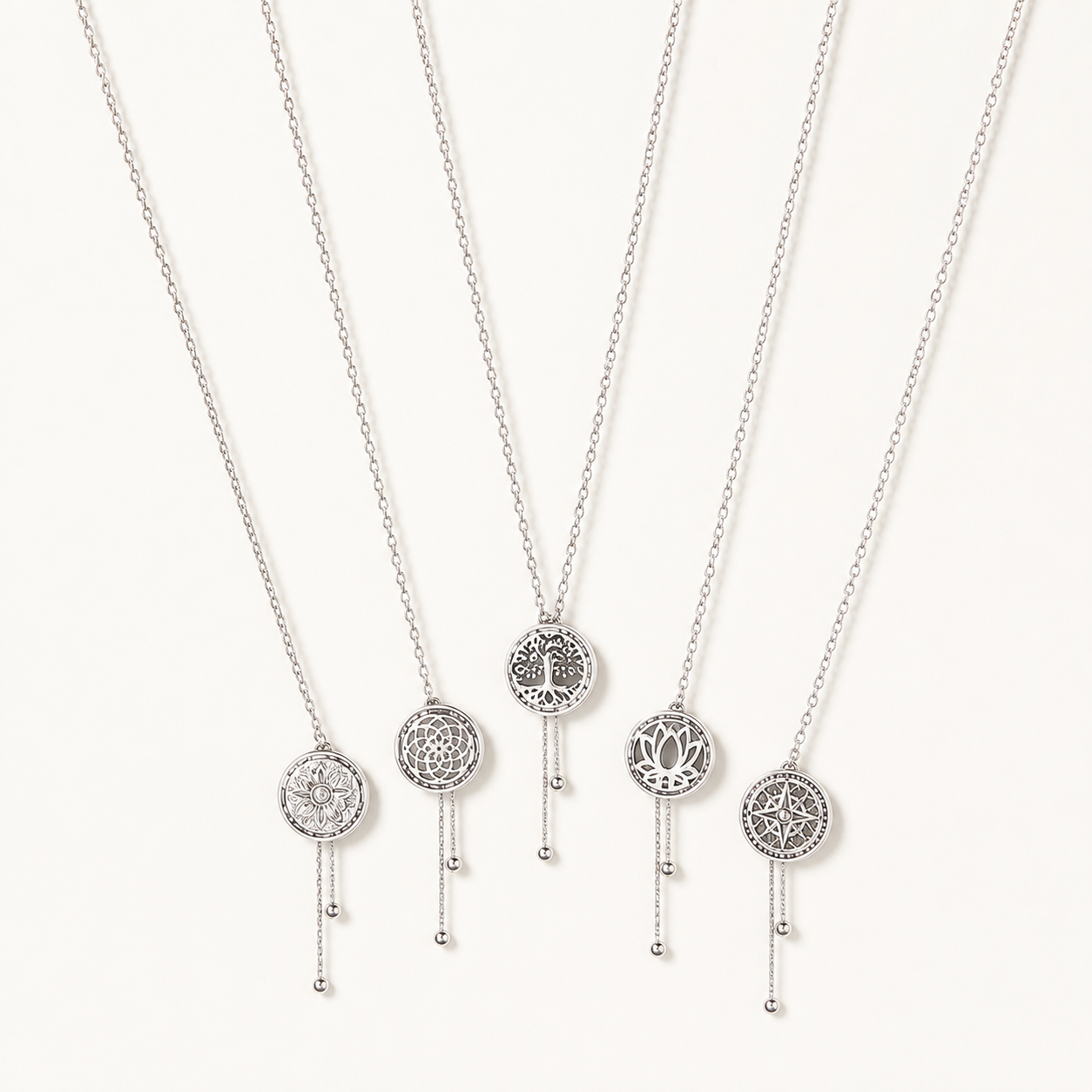 5Pce Silver Tone Round Medallion Necklace Set | Adjustable Dangle Charms