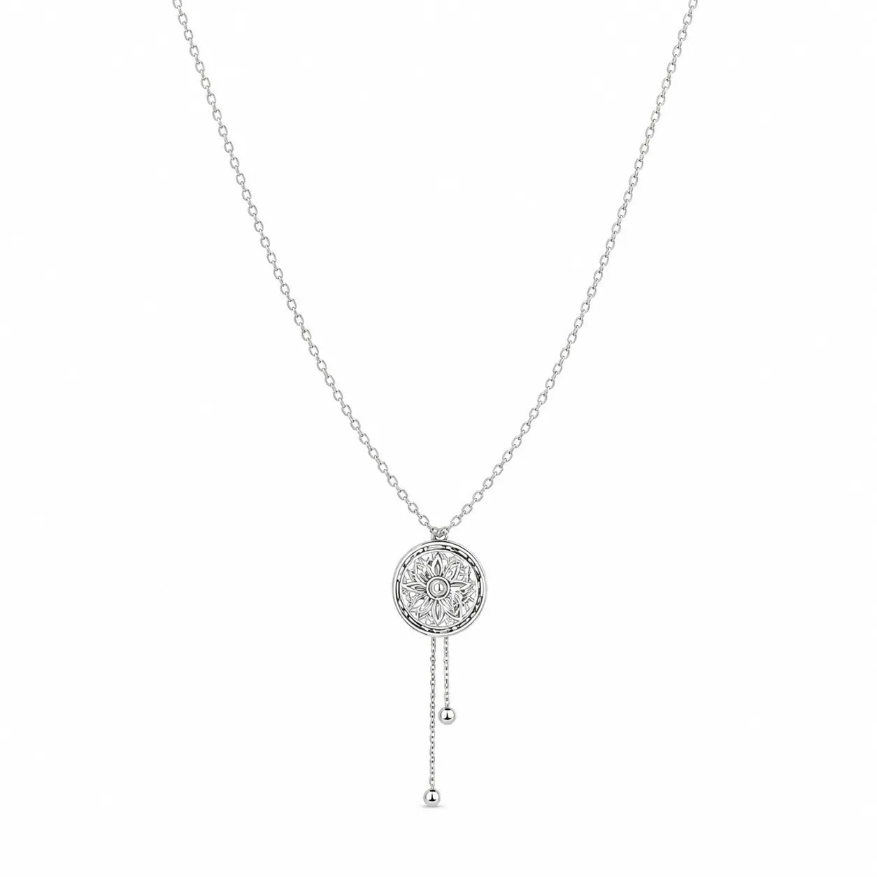 5Pce Silver Tone Round Medallion Necklace | Adjustable Dangle Charms