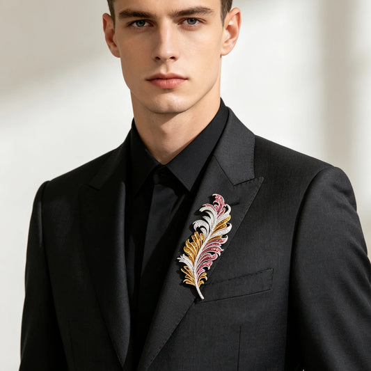 Multicolor Crystal Feather Brooch | Zircon Luxury Men Formal Lapel Pin