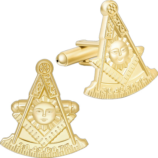 Engraved Sun Face Square Compass Masonic Men Formal Suit Cuff Links