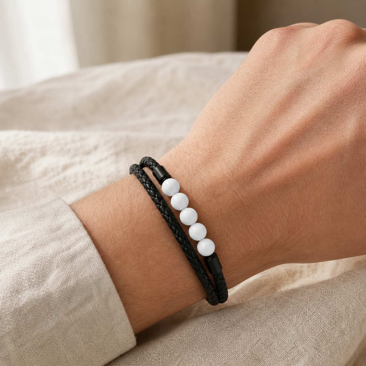 6Pcs Black Double-Wrap Bracelet Set | White Bead Accent