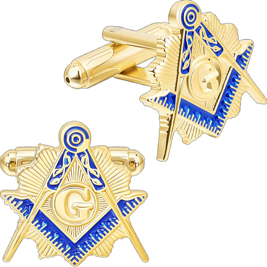 Blue enamel square compass G symbol Freemason cufflinks