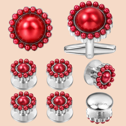 HAWSON Red Imitation Pearl Cufflinks and Studs for Men and Women