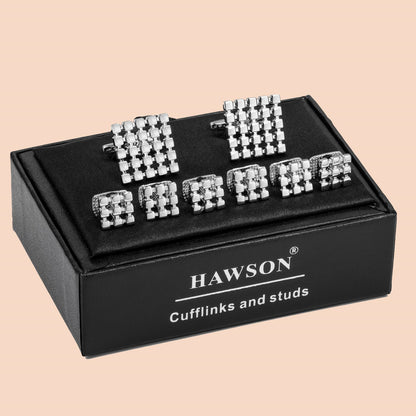 HAWSON Grid Silver Color Cufflinks and Studs Set for Men