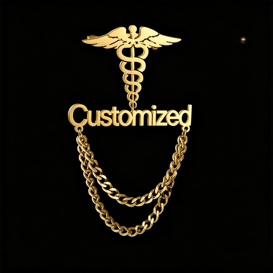 Custom Caduceus Brooch | Engraved Name Medical Symbol Chain Lapel Pin for Doctor Nurse