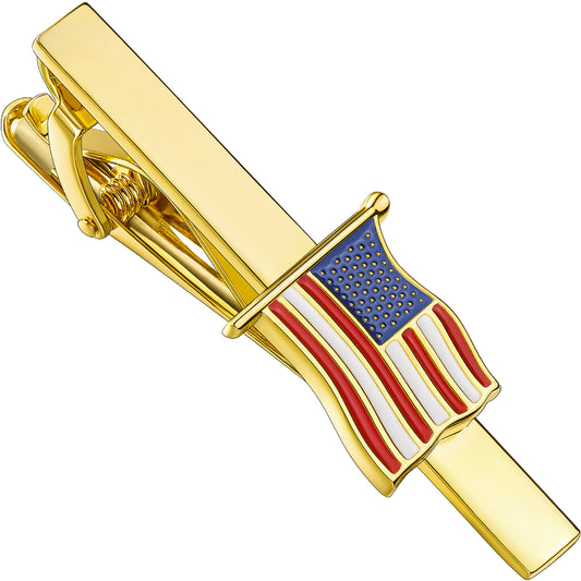 American Flag Tie Clip | Silver & Gold Patriotic Flag Tie Bar Set
