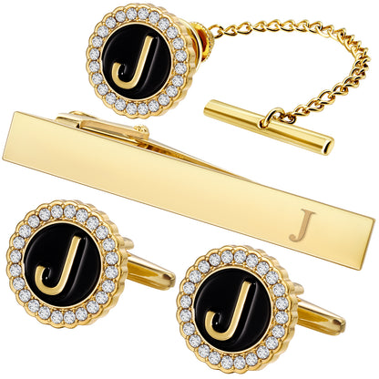 HAWSON Personalized Letter Crystal Cufflinks Tie Clip and Tie Buckle Set for Tie and Frenc