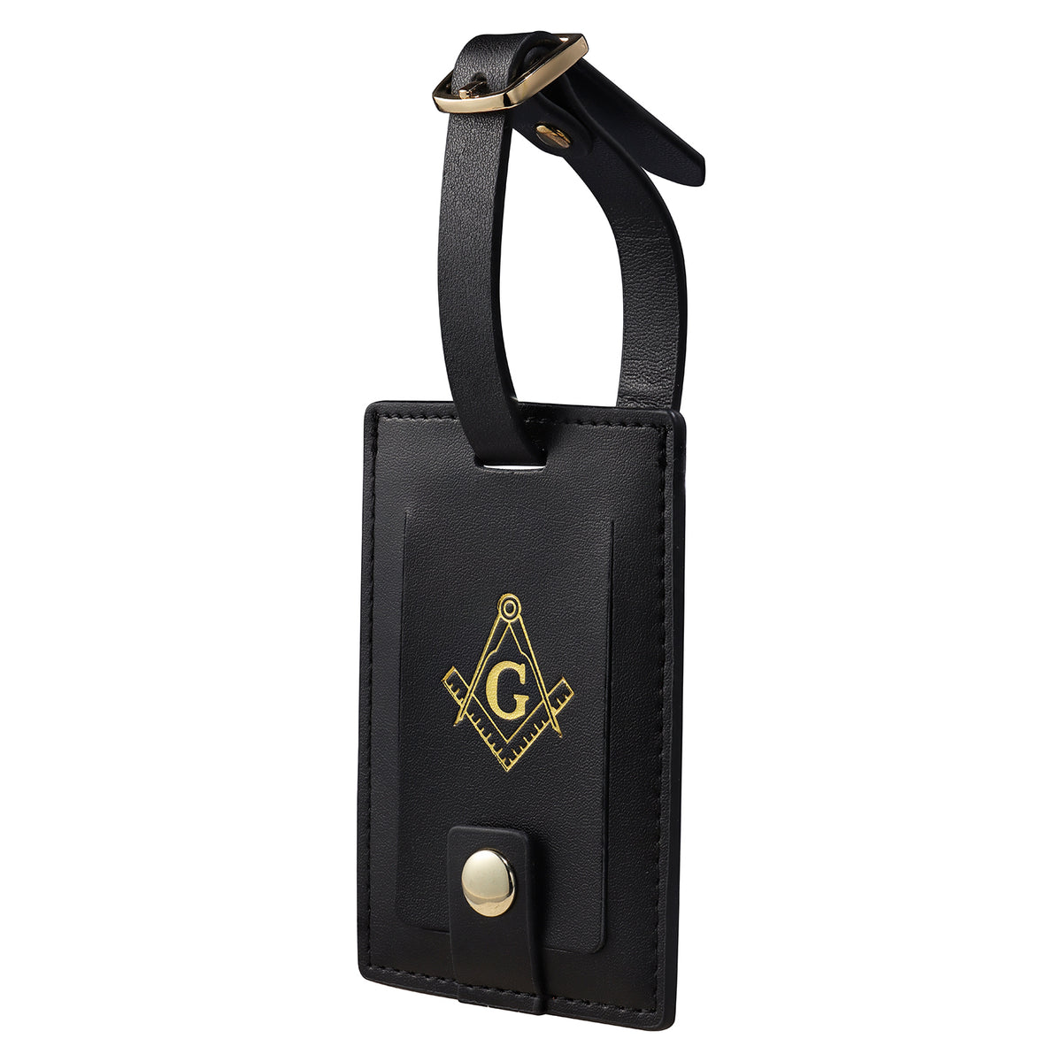 Black Genuine Leather Masonic Luggage Tag | Rectangle Snap Closure Travel ID