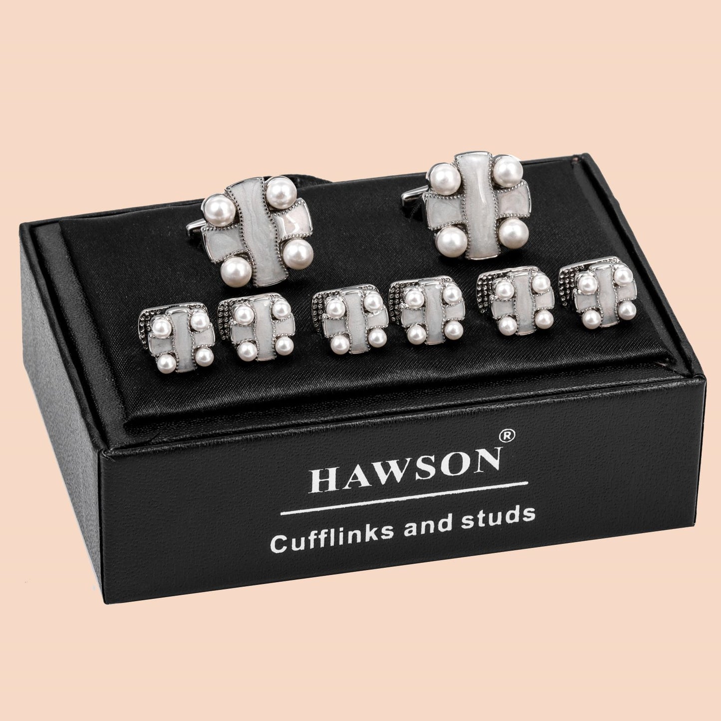 HAWSON White Imitation Pearl Cufflinks and Studs for Men