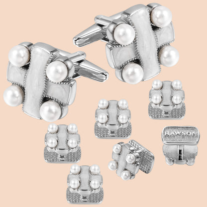 HAWSON White Imitation Pearl Cufflinks and Studs for Men