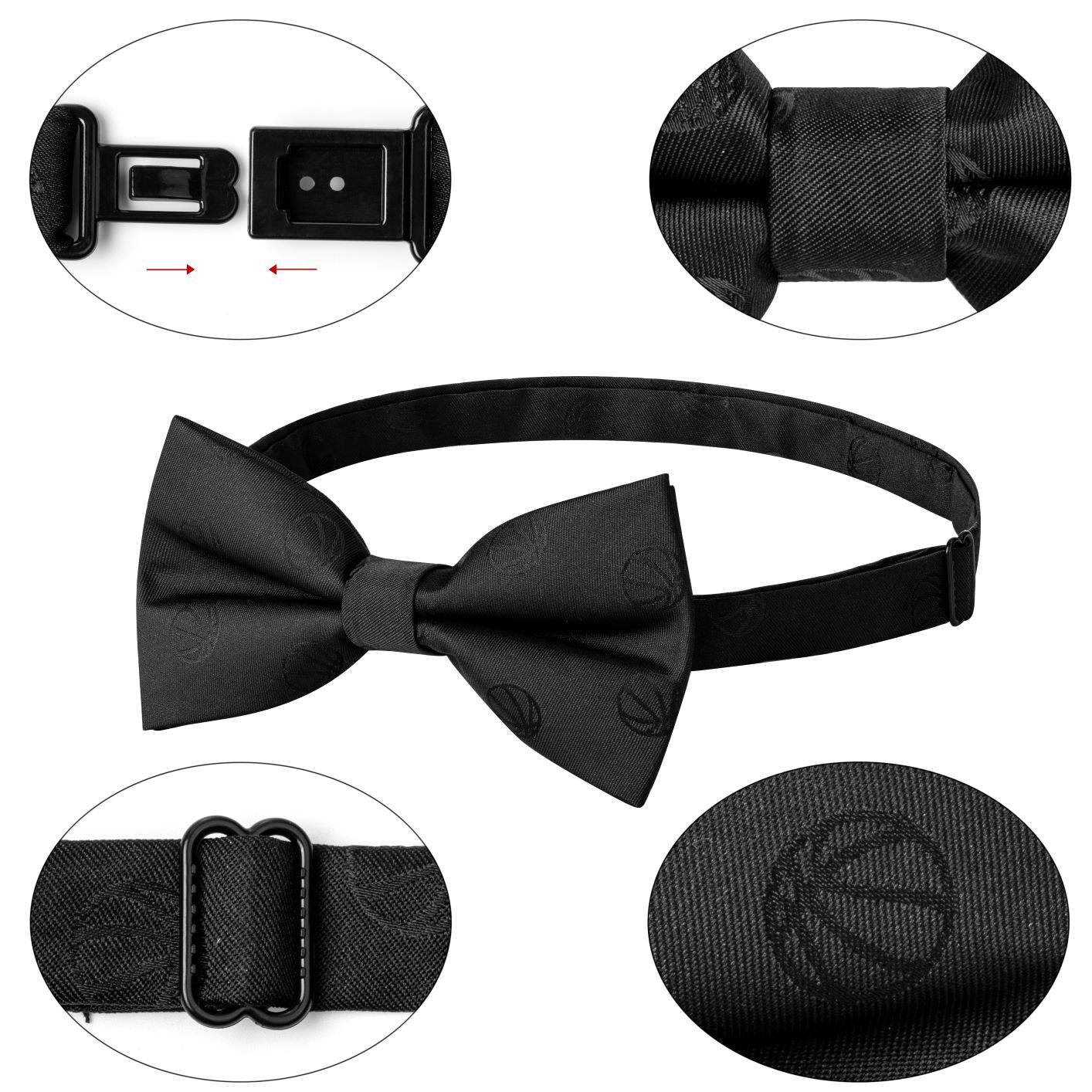 Black Jacquard Basketball Pattern Pre-Tied Bow Tie Adjustable Formal Bowtie for Men