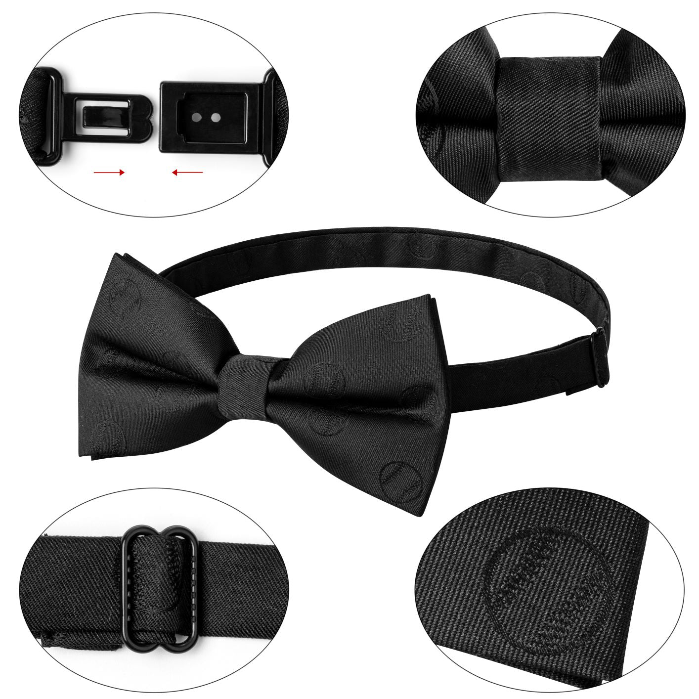 Black Jacquard Baseball Pattern Pre-Tied Bow Tie Adjustable Formal Neck Bowtie for Men