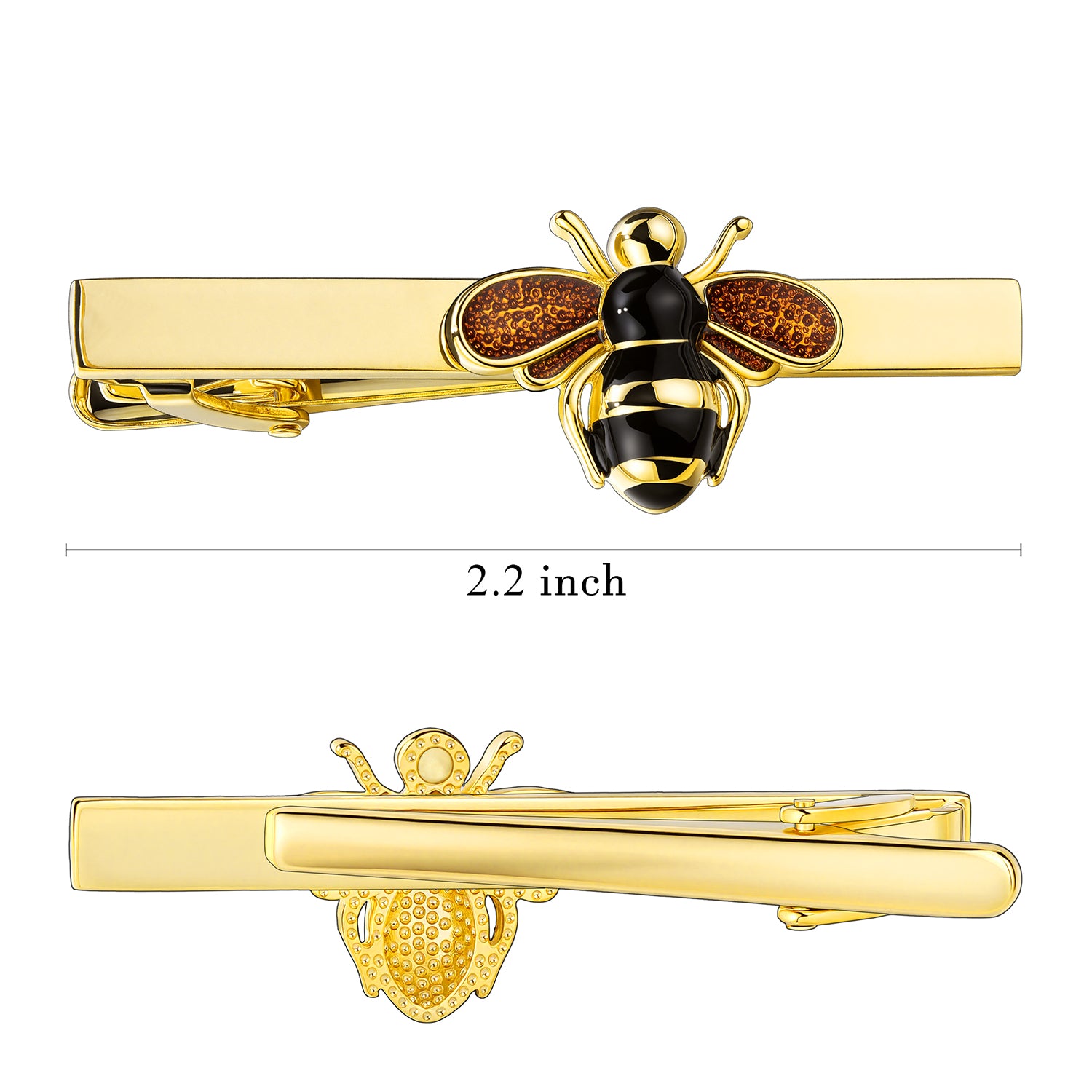 Front and back view of a 2.2-inch brass gold bumblebee tie bar with enamel stripes and glitter wings.