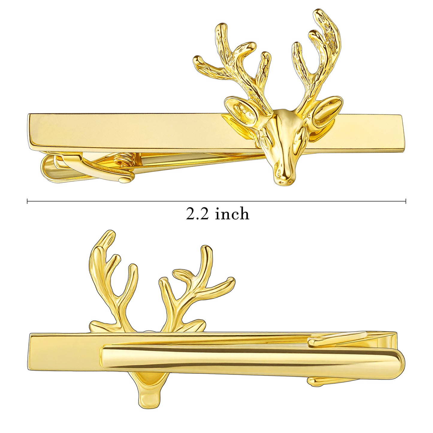 Front and back view of a 2.2-inch brass gold deer head tie clip showing dimensions and spring-loaded clasp.