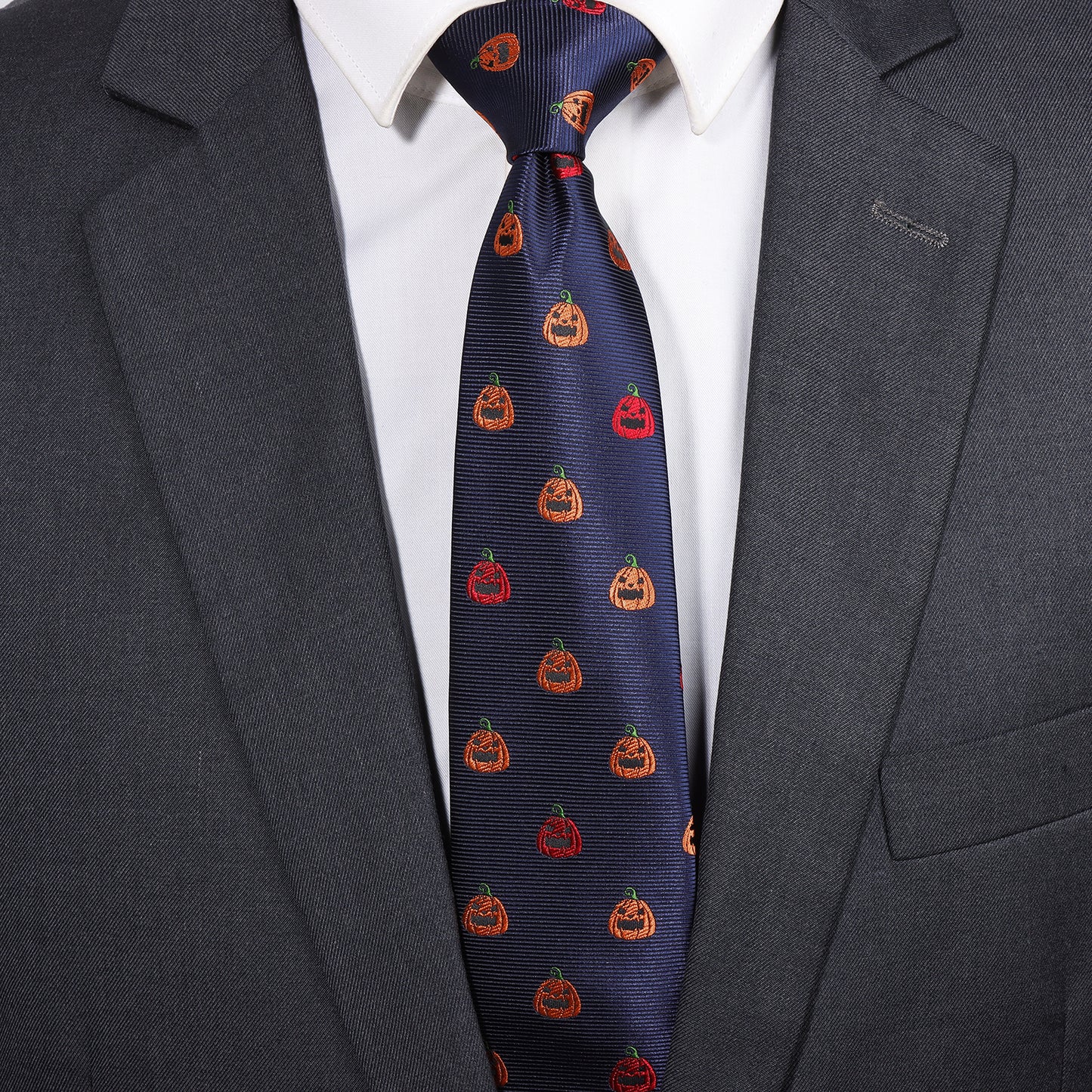 Navy Blue Halloween Pumpkin Necktie | Men's Polyester Holiday Party Accessory Gift