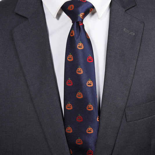 Navy Blue Halloween Pumpkin Necktie | Men's Polyester Holiday Party Accessory Gift