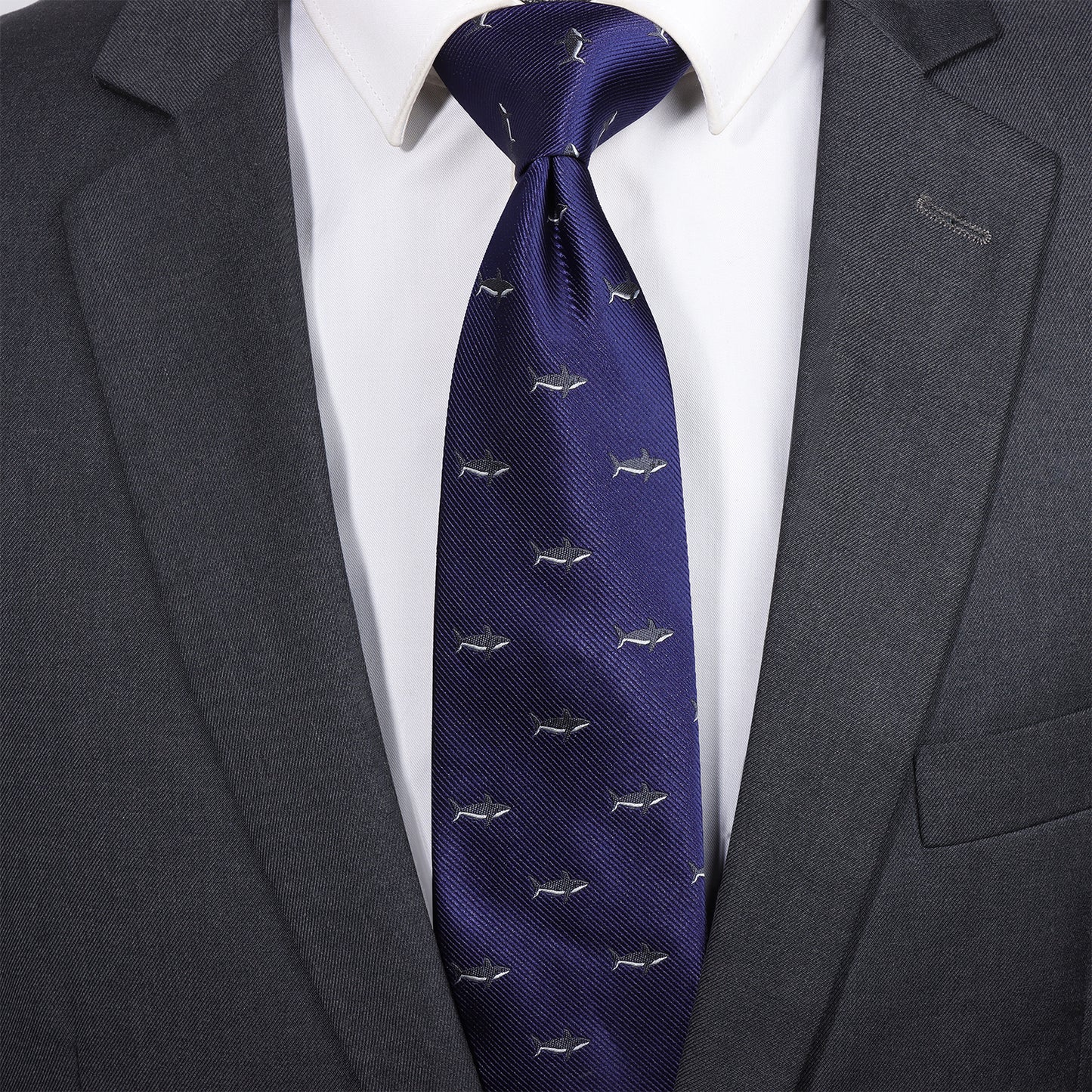 Navy Blue Shark Necktie | Men's Polyester Casual Formal Novelty Accessory Gift