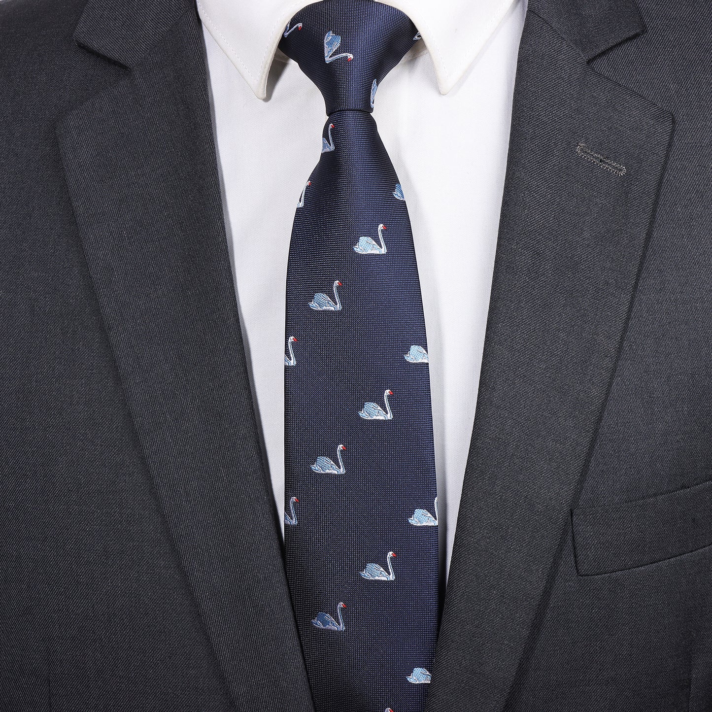Navy Blue Swan Necktie | Men's Polyester Casual Formal Novelty Accessory Gift