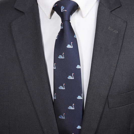 Navy Blue Swan Necktie | Men's Polyester Casual Formal Novelty Accessory Gift