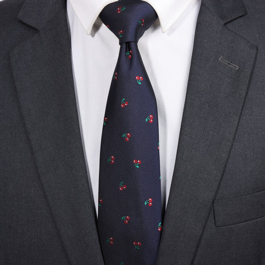 Navy Blue Cherry Necktie | Men's Polyester Casual Formal Novelty Accessory Gift