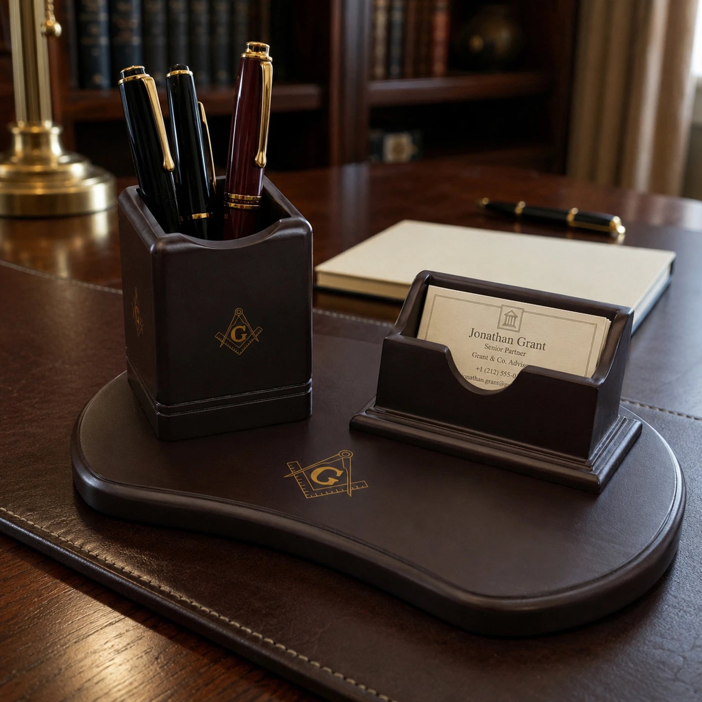 Masonic Wooden Desk Organizer | Pen Holder & Business Card Holder Set for Freemason
